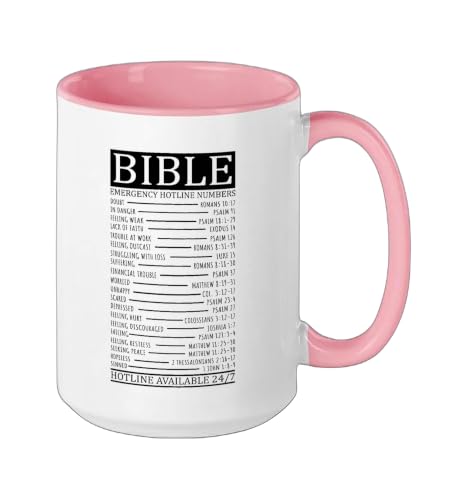 Bible Emergency Hotline Numbers | Christian Ceramic Mug, Pink/White, 15oz - color: Pink/White, size: 15 Ounces