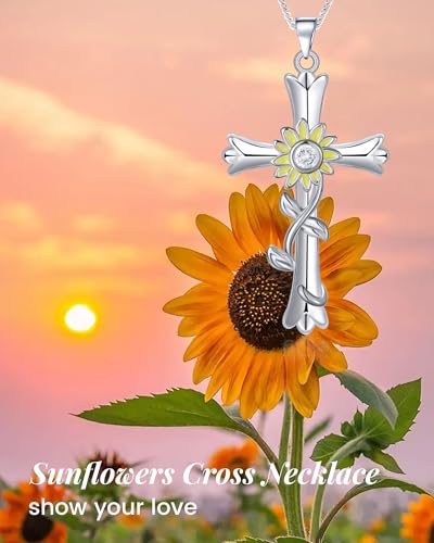 ACECHA Silver Cross Necklace for Women, Crosses Pendant with Birthflower - color: Z Sunflower