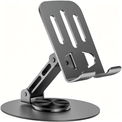 360° Rotating Cell Phone Stand for Desk, Adjustable & Foldable Phone Holder, Aluminum Desktop Phone Stand with Anti-Slip Base, Compatible with iPhone, iPad, Android Phones, Black