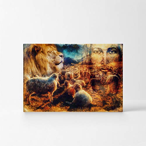 Smile Art Design Jesus The Good Shepherd The Lion and Sheeps Lamb Canvas Print Colorful Painting Jesus Christ Pray Cross Religious Family Room Home Decor Christian Art Ready to Hang - 8x12 - color: Christian Canvas H30, size: 12"L x 8"W