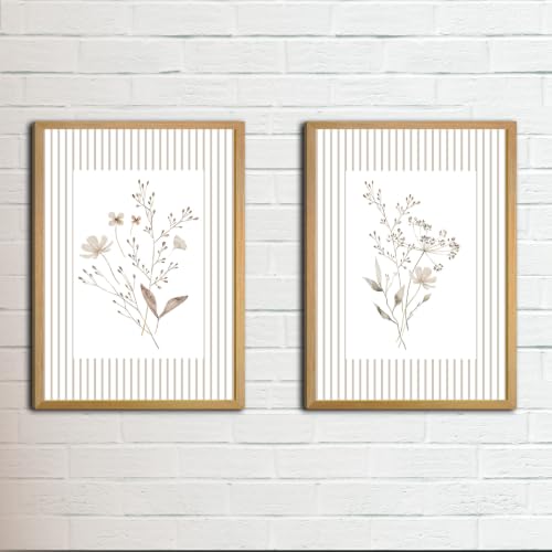 Minimalist Botanical Wall Art Set of 2 Framed Canvas Prints Vintage Beige Striped Wildflower Picture Poster for Bathroom Bedroom Living Room Cottagecore Artwork Wall Decor Home Gallery Decoration 24x16 Inch Wood Frame - color: White, size: 24x16 Inch