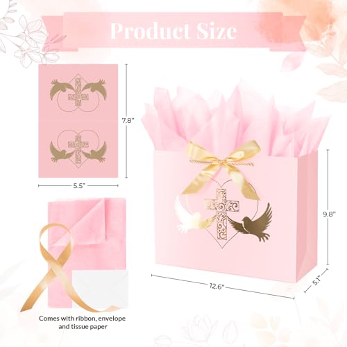 Linelglobal Baptism Gift Bag with Tissue Paper for Girl Pink Cross Gift Bag for Christenings First Communions Religious 12.6"