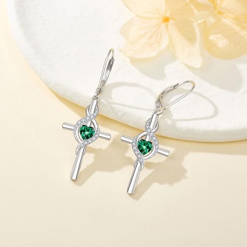 ONEFINITY Cross Earrings for Women 925 Sterling Silver Cross Birthstone Dangle Drop Earrings Infinity Cross Religious Jewelry Gifts for Women - color: 05-May-Created Emerald