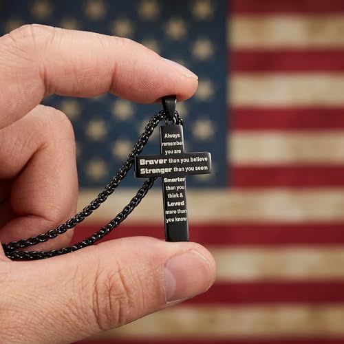 2Pcs Cross Necklace for Men Women, Stainless Steel Silver/Black Cross Pendant, American Flag Cross Necklaces, Inspirational Quote Baptism Gifts for Men with Jewelry Box