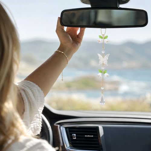 Butterfly Flower Car Rearview Mirror Charm White Lily of Valley - color: White - Butterfly