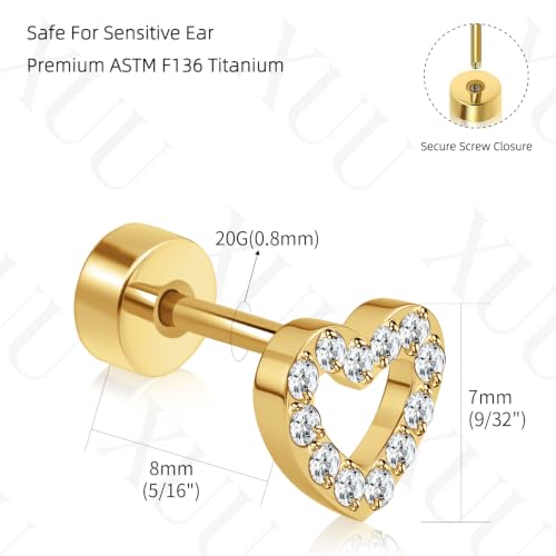 XUU 20G Flat Back Stud Earrings ASTM F136 Titanium & Sparkling CZ - color: gold heart
