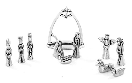 Nativity Set with Chreche Mini Pewter Figurine 11 Pc Set with Velvet Pouch