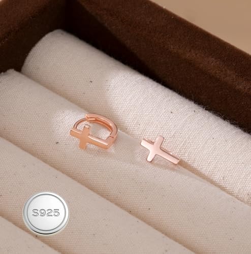 Reffeer Solid 925 Sterling Silver Cross Hoop Earrings for Women Teen Girls Small Cross Huggie Earrings Cartilage Helix - color: C-Rose Color