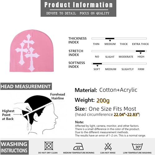 Fashion Knit Beanie with Cross Pattern Y2K Unisex Soft Jacquard Cap Popular Hip-Hop Cool Street Outdoor Sports Earflap Hat - color: Pink