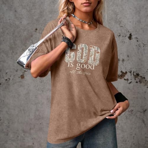 Christian God is Good Shirts for Women Jesus Faith Religious T Shirts Floral Graphic Oversized Acid Washed Tee Tops - color: Coffee, size: Medium