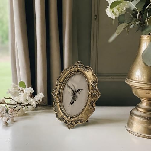 Vintage Hummingbird Small Bronze Oval Picture Frame, Bird Spring Mini Ornate Photo Frame Baroque for Wall Art Decor TableTop Desk, Rustic Framed Artwork Gifts for Office Bedroom 4x5in - color: hummingbird