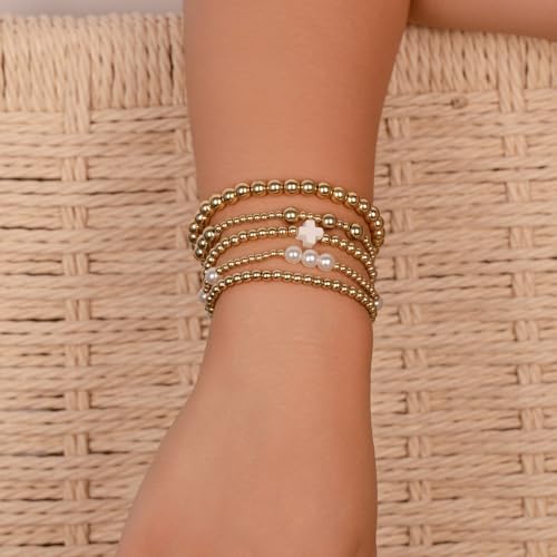 Gold Beaded Pearl Cross Bracelets Stackable Christian Stretch Jewelry Set - color: White