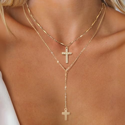 Sterling Silver 14K Gold Plated Dainty Layered Long Necklace for Women - color: Gold-Cross