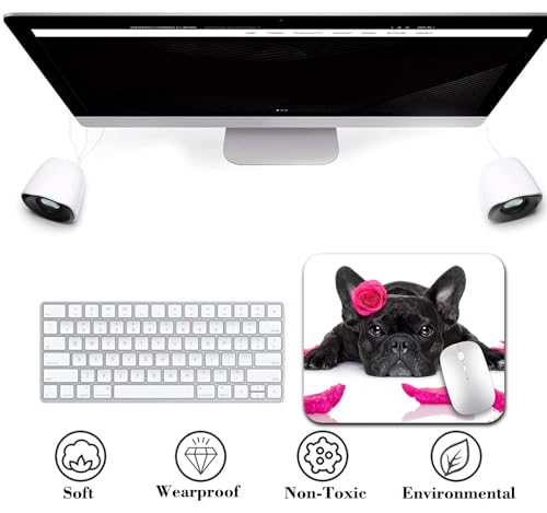 Cute Black French Bulldog with Pink Rose Mouse Pad, Funny Scene Desk Mat - color: Cute Colorful Art Rec3