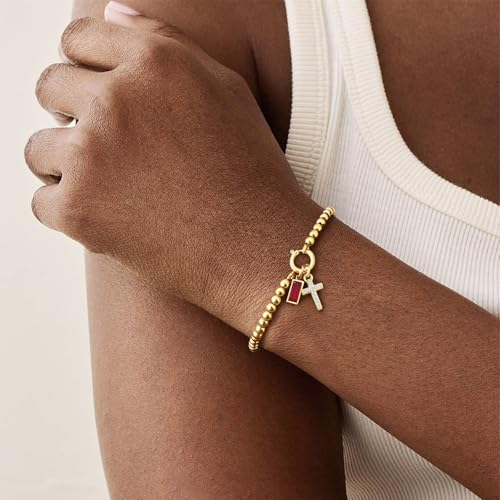 Korotho Cross Birthstone Bracelet for Women - Dainty Elastic 14K Gold Plated Bead Bracelets Trendy Waterproof Non Tarnish Birthday Jewelry Gifts Birthday Christmas Stocking Stuffer for Mom Friends - color: 01-January(Garnet)