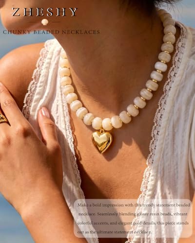 ZHESHY Chunky Beaded Necklaces for Women Heart Cross Statement Necklace - color: White 2