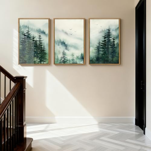 Anyzal Large Foggy Mountain Forest Wall Art Framed 16x24 Inch Dark Green Nature Landscape Canvas Wall decor Misty Woodland Wilderness Artwork for Living Room Bedroom Office Set of 3 - color: Foggy Forest, size: 24"L x 16"W