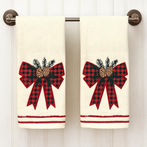 Christmas White Guest Hand Bathroom Towels, Winter Farmhouse Bow, 16x26" - color: Holiday Bow