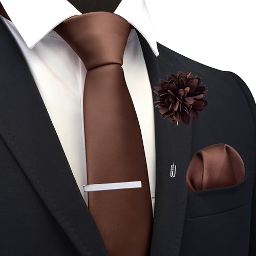 Branduce 3.15"(8cm) Mens Tie and Lapel Pin Solid Necktie Handkerchief Tie Clip Set for Men - color: Brown