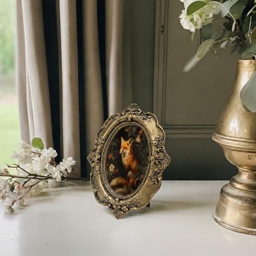 Vintage Fox Small Bronze Oval Picture Frame, Dark Floral Mini Ornate Photo Frame Baroque for Wall Art Decor TableTop Desk, Rustic Nature Fall Framed Artwork Gifts for Office Bedroom 4x5in - color: fox