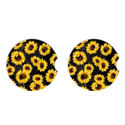 Sunflowers Absorbent Car Coasters 2 Pack for Cup Holders, 2.56" Ceramic Stone & Non-Scratch Cork Base Drink Coasters, Auto Accessories for Women & Men - color: Sunflowers