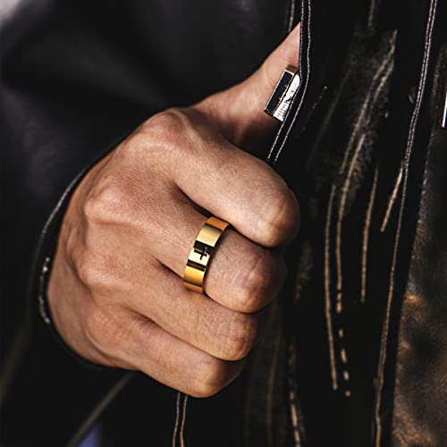 Cross Rings for Men, 18K Gold Plated Mens Rings Stainless Steel Silver Lord Prayer Jesus Christian Black Pinky Ring, Ring Size 5 to 13 - color: Gold