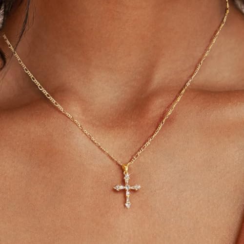 Cross Necklace for Women,14K Gold Plated Cross Pendant Necklace Jewelry - color: Gold-Figaro Cross