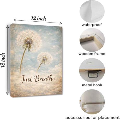 Just Breathe Wall Art Canvas, Vintage Dandelion Poster, Inspirational Quote Print, Farmhouse Rustic Decor for Bedroom Living Room Yoga Room Meditation Room Spa Relaxing Gift Framed 12 * 18 inch - color: Just Breathe, size: 18"L x 12"W