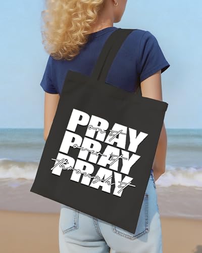 Women's Pray On It Pray Over It Pray Through It Canvas Tote Bag Religious Prayer Christian Gift Reusable Grocery Bag - color: Black