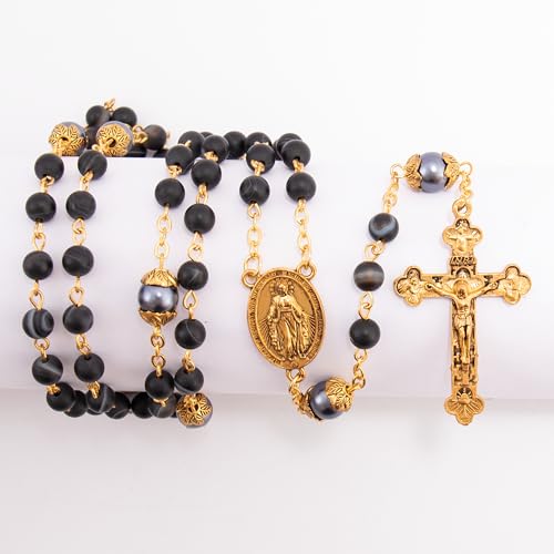 Nazareth Store Catholic Rosary Necklace Matte Stone Beads Green Pearl Round Beads Miraculous Medal & Cross - Velvet Bag - color: Black