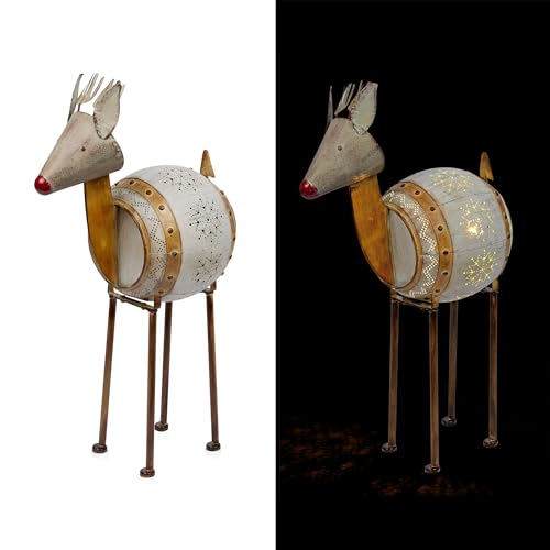 Alpine Corporation 33" Tall Indoor/Outdoor Metal Barrel Reindeer Christmas Decoration with LED Lights, Battery Operated, Winter Yard Decor - color: Brown - Barrel Reindeer