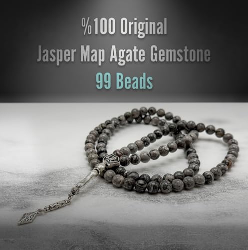 Elegant 8mm Jasper Map Agate Handmade Tasbih – Gemstone Muslim Prayer Beads, Metal Tassel with Special Case | Islamic Gifts for Dhikr, Namaz, Meditation - size: 99 Beads