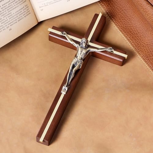 SISSIDA Wooden Crucifix Wall Cross, Handmade Catholic Home Decor, 10 Inch - color: Brown + Antique Brass