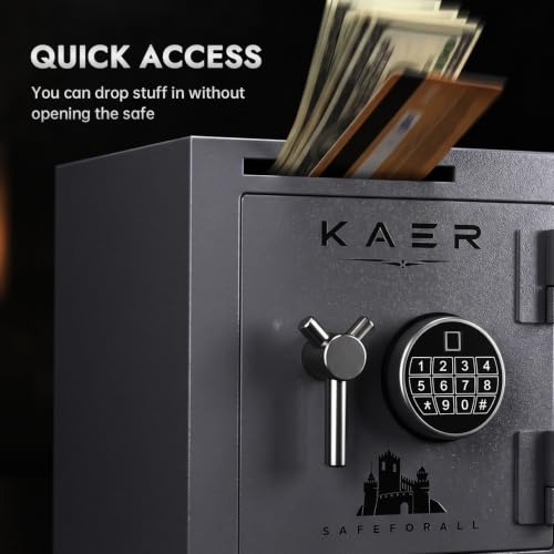 KAER Mini Drop Safe for Home & Business – 1.6 CuFt Compact Cash Box with Electronic Keypad & Biometric Fingerprint Lock, 44lbs Heavy Duty Steel Money Safe for Cash, Silent Alarm – Wall Mountable - color: Matte gray, size: 1.6 CuFt