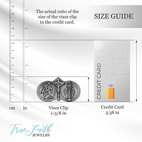 True Faith Jewelry Pewter Jesus Crucifix, Miraculous Mary and St Christopher Visor Clip for Car, Patron Saint of Travelers, Gift for New Driver, Fine Pewter (92% Tin), 1-3/8 x 2-3/8 Inch - size: Crucifix 1