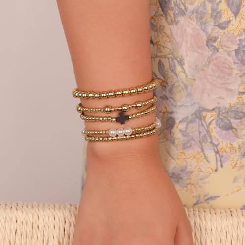Gold Beaded Pearl Cross Bracelets Stackable Christian Stretch Jewelry Set - color: Black