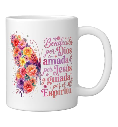 Bendecida Por Dios Amada Por Jesus Christian Spanish Floral Ceramic Mug, White - color: White, size: 11 Ounces