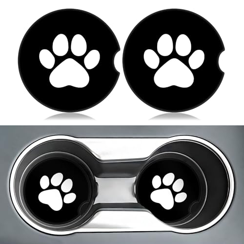 Black White Dog Paws Car Coasters for Cup Holders,2 Pack Car Cup Holder Coasters for Car,Ceramic Absorbent Car Coaster with A Finger Notch and Cork Base,Car Interior Accessories for Women Men - color: Black White Dog Paws