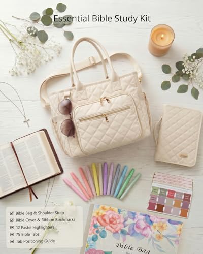 Large Bible Bag with Bible Cover Case for Women, Quilted Bible Tote Bag - color: Beige