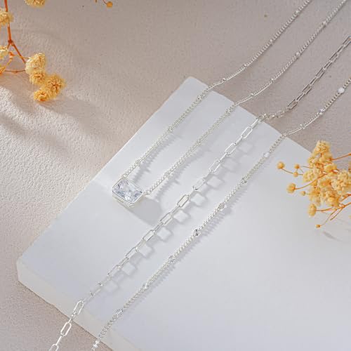 3PCS Gold Silver Layered Necklaces for Women Trendy - color: Silver&Square