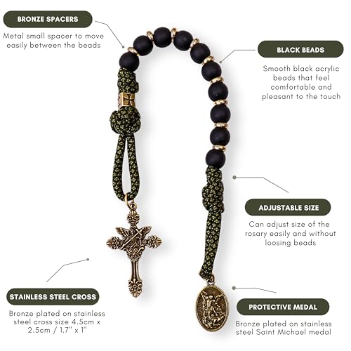 Nazareth Store NEW Antique Bronze One Decade Rosary Black Matte Beads Green Paracord Rosary Bracelet Handmade Catholic Travel Friendly Prayer - style: Michael