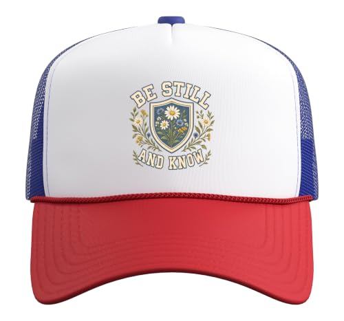 Be Still and Know for Women Christian Bible Verse Vintage Trucker Hat with Adjustable Mesh Back - color: Red/White/Royal Blue