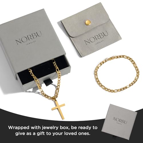 NORBU Stainless Steel Cross Necklace and Bracelet Set for Men, Cuban Link - color: Gold Figaro