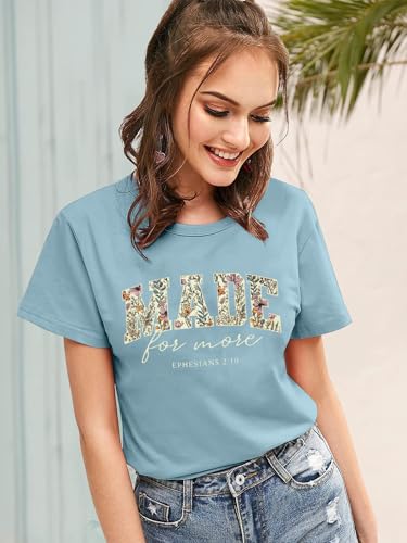 Made for More Christian Shirts for Women Inspirational Bible Verse T-Shirt Religious Faithful Short Sleeve Tee - color: Blue, size: Large