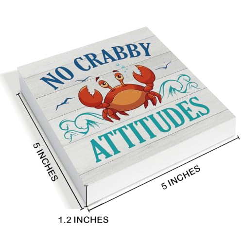 Crab Decor - Beach Decor - No Crabby Attitudes Crab Wood Sign Home Kitchen Bathroom Beach House Restroom Desk Shelf Table Tabletop Decorations 5×5 Inches - color: Crab Decor