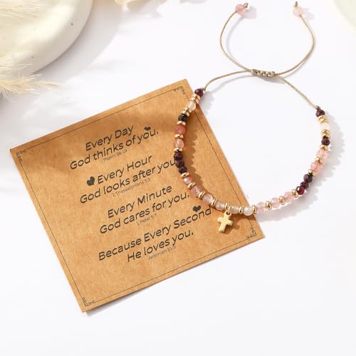 Christian Gifts for Women, Cross Bracelet, Natural Stone Beaded Jewelry - color: Pink