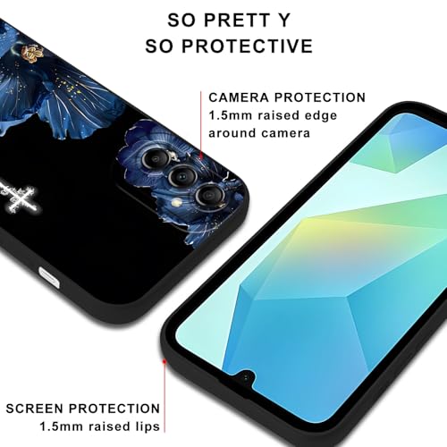 Vine Cross Blue Floral Black Phone Case for Samsung Galaxy A16 5G 6.7 Inch – Gothic Christian Flower Shockproof Protective Cover for Women Girls - color: Vines, size: for Samsung Galaxy A16 5G