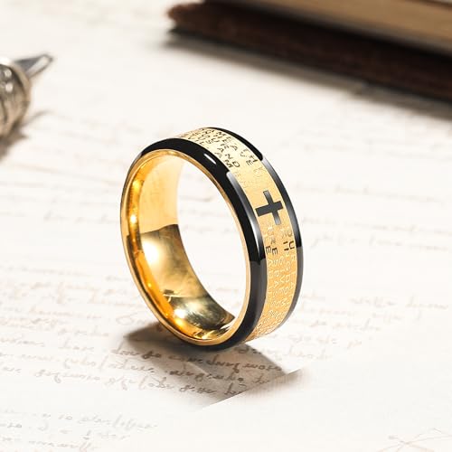 King Will Stainless Steel Men Ring Lord's Prayer Cross Ring Stainless Steel Men Wedding Ring, Wedding Band Bible Engraved Rings High Polished, Comfort Fit - color: Gold-Plated &Black