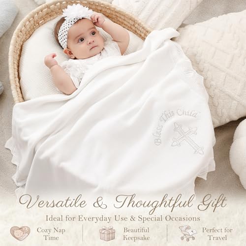 Baby Baptism Blanket, White Cotton Knit Christening Gift, 40x31in - color: Bapatism Double Border Blanket