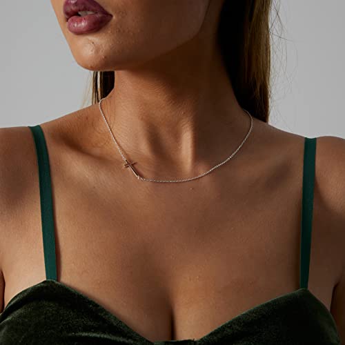 VIROMY Gold Cross Necklace for Women 14K Gold Plated Cute Sidways Cross Pendant Choker Necklaces Simple Trendy Everyday Jewelry for Women - style: Sideways Cross Bar -Silver